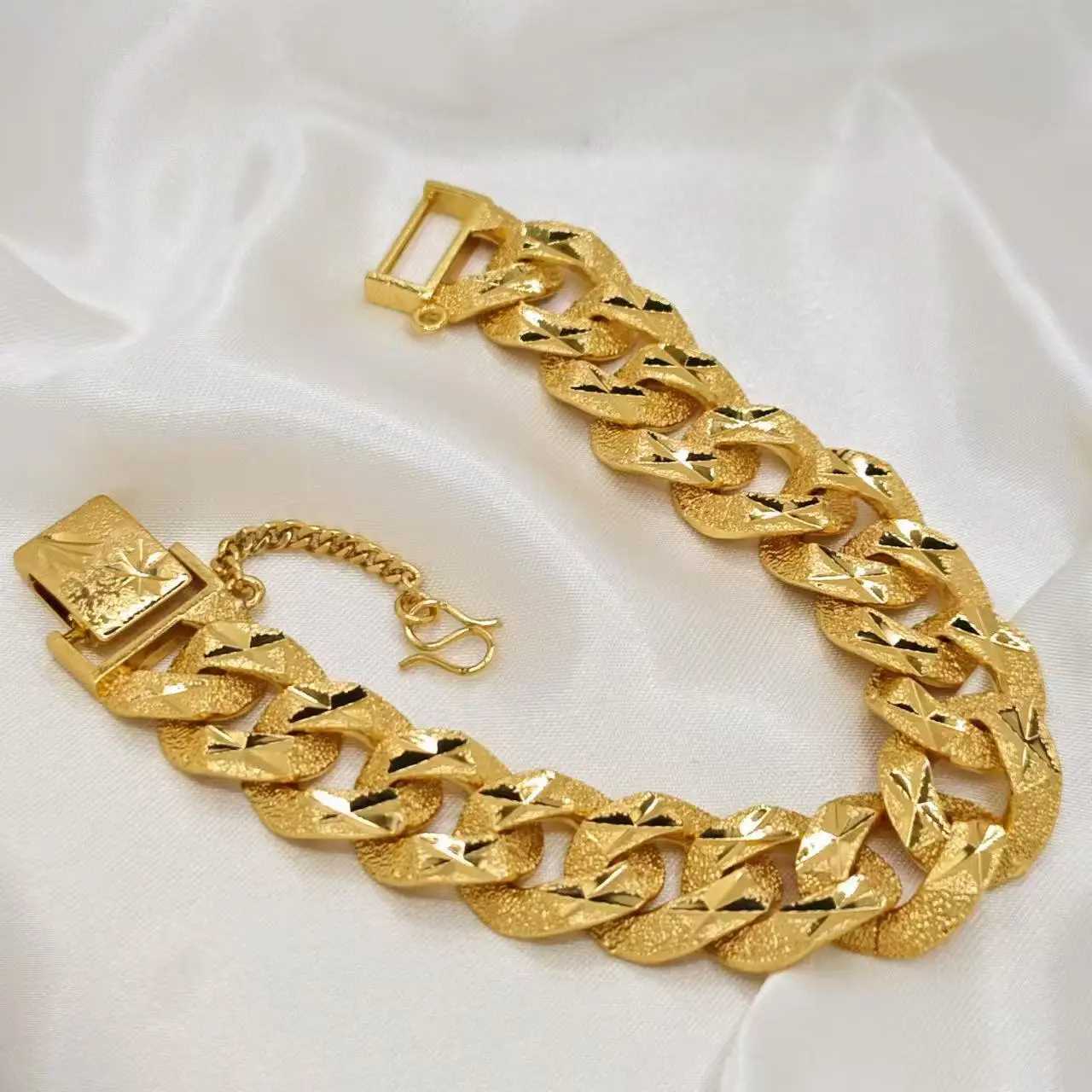 Hip Hop Cuban Link Chain Mens Bracelet Luxury Retro Genuine 24K Gold Plated Copper Charm Short and Fat Bracelet Punk Jewelry Gift Y250329