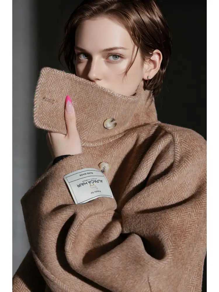 Office Lady Herringbone Alpaca Woolen Jackets 2025 Autumn And Winter Vertical Collar LaceUp Thick Loose Womens Long Wool CoatsT251101