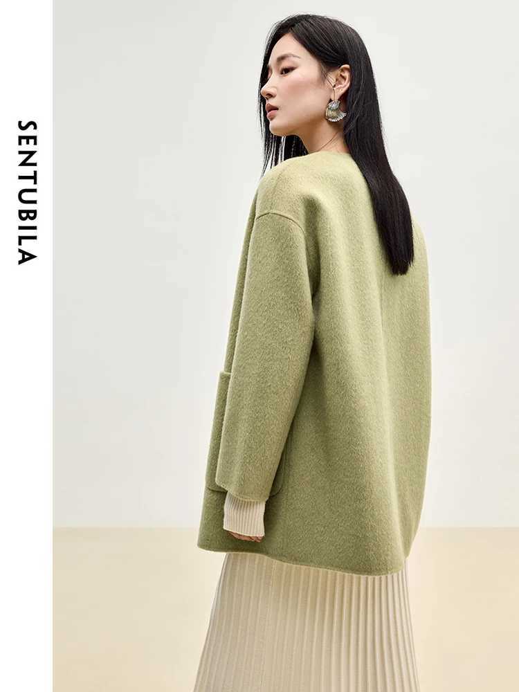 SENTUBILA 100 Wool Double Sided Woolen Coat 2025 Winter U Patch Pocket Tassel Scarf Single Breasted Elegant Coats W44O55981T251101