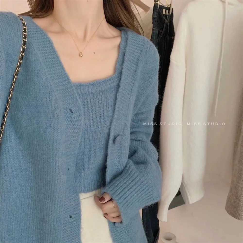 2025 Autumn Winter Korean Knitted Twopiece Set of Solid Color Long Sleeve VNeck Cardigan and Sleeveless Vest Casual KnitwearT251101