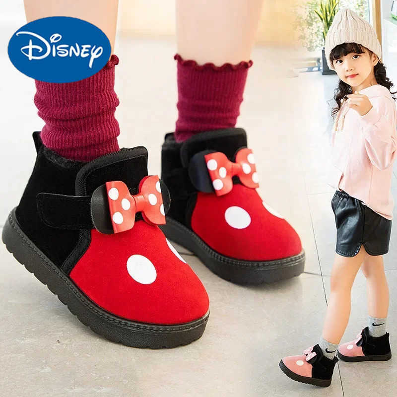 Disney mickey mouse casual shoes childrens bow thick warm antiskid soft bottom cotton shoes girl snow boots H251101