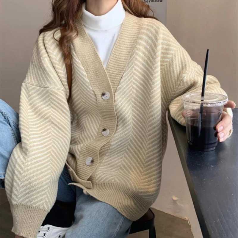 Janpanese Elegant VNeck Sweater Jacket Women Harajuku Stripe Knitting Cardigan Autumn Casual Loose Warm SingleBreasted TopsT251101