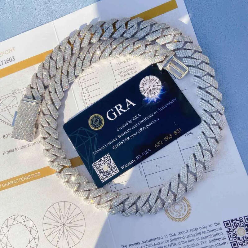 Necklace moissanite chain cuban k chainHand Setting 20mm Width Three Rows Vvs Moissanite Sier Womens Gold Plated Cuban