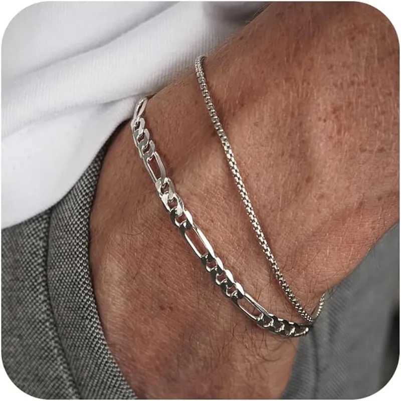Mens 2-piece bracelet set with box chain and Cuban chain stainless steel jewelry gift suitable for men - dad boyfriend husband. Y250329