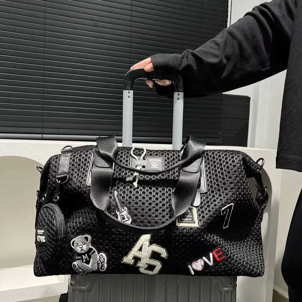 Fashionable womens mesh nylon adhesive tote bag large capacity splicing shoulder bag short distance travel casual handbagW251101