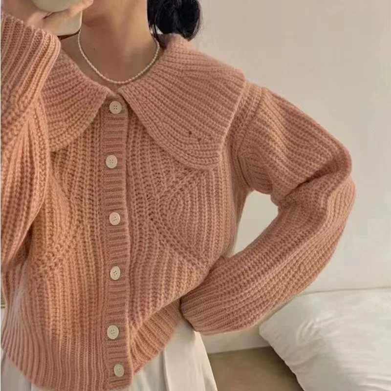 Fashion Doll Collar Knitted Cardigan Women Sweater Autumnwinter Casual Lapel Loose Long Sleeved Jacket Elegant Simple Solid TopT251101