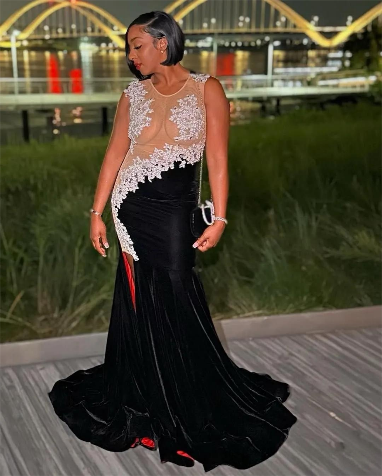 Black Mermaid Prom Dresses 2025 Lace Sheer Neck Velvet High Split Evening Formal Party Second Birthday Engagement Gowns Plus Size Dress For Special