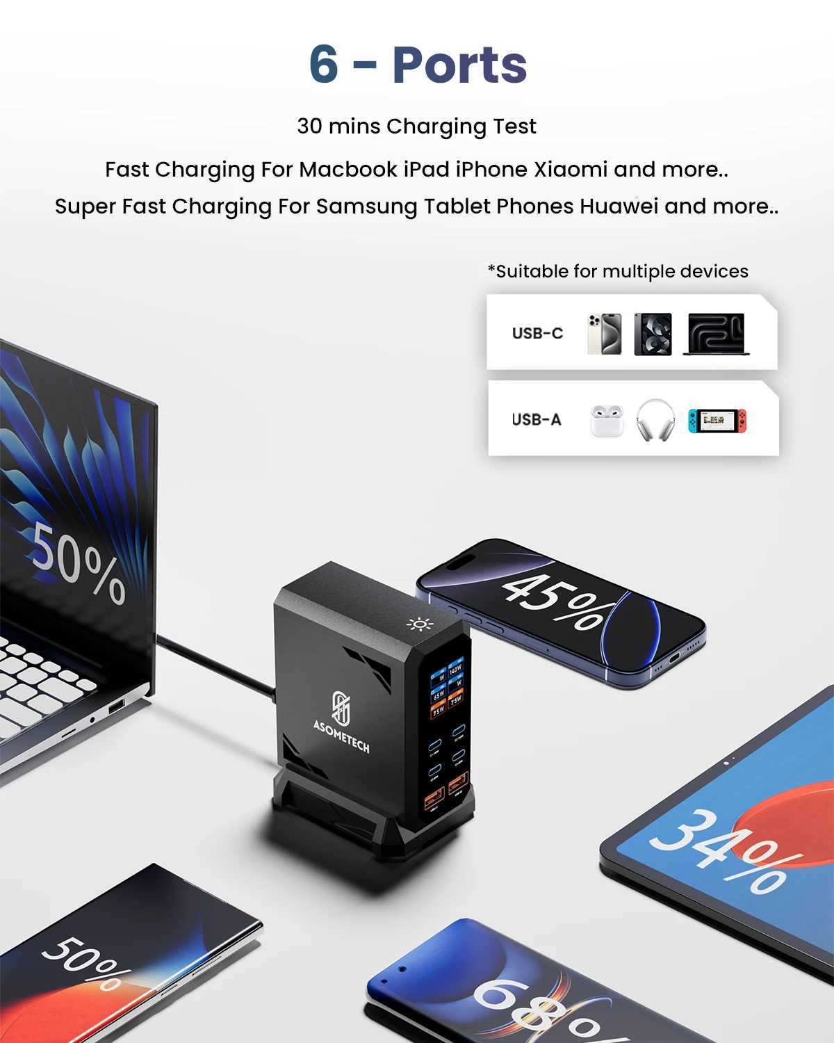 ASETECH 240W GaN Fast Charging Station 6 in 1 140W PD31 USB Type C PD QC30 PPS Desktop Charger For Book iPhone 16 Y251101