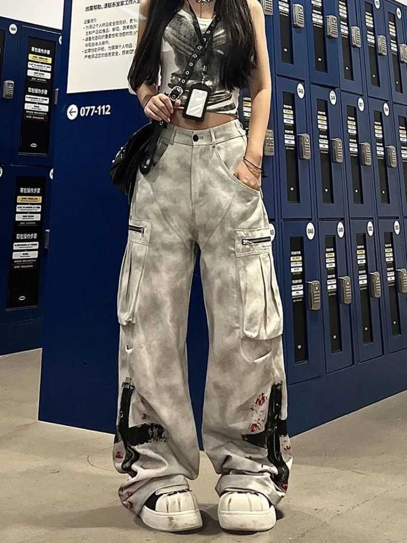 American Street Gothic Graffiti Print Pocket Jeans Women Retro Distressed Loose Fashion Street Casual High Waist Wide Leg Jeans J251031
