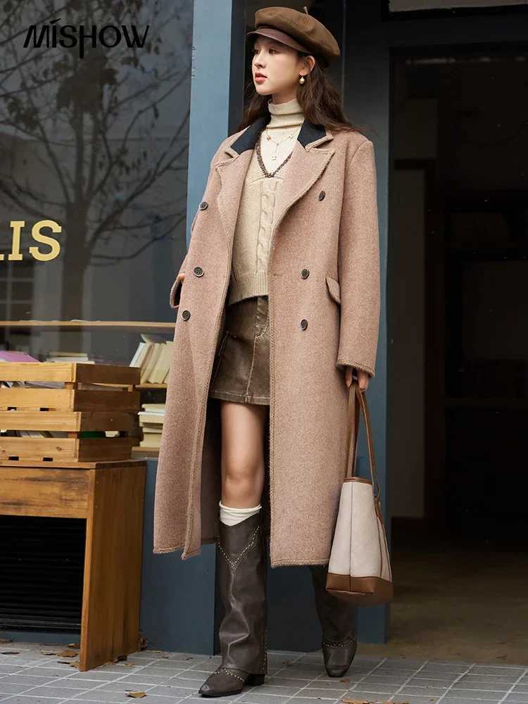 MISHOW Winter Wool Blend Woolen Coat for Women 2025 Fashion Double Sided Notched Collar Contrast Overcoat with Pocket MXC58W0187T251101