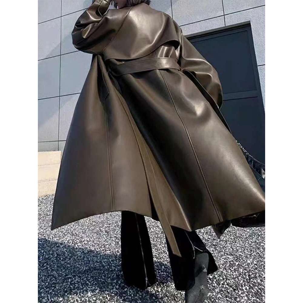 hoodie Women's Wear Oversized Leather Trench Coat For Women Long Sleeve Lapel Loose Lady Jacket With Belt 2024 Autumn New Vintage Streetwear jack