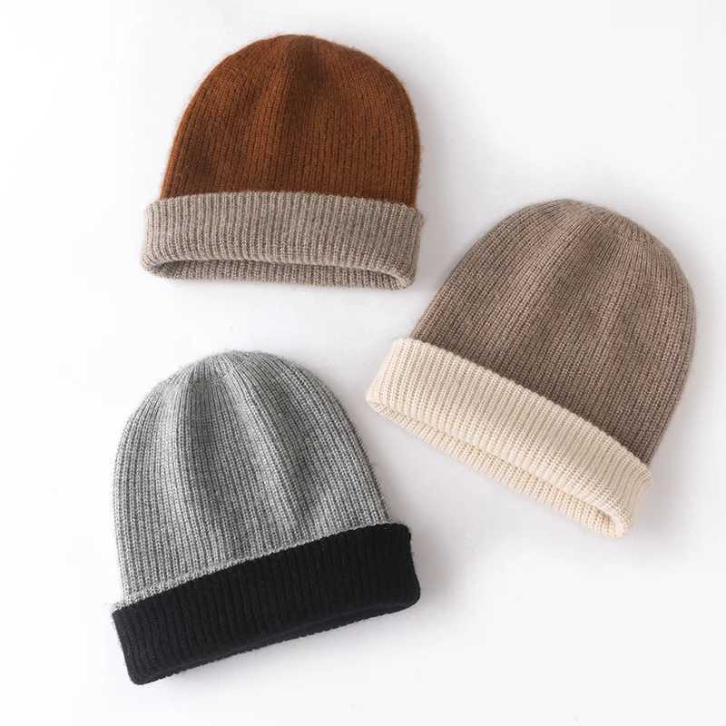 100 Cashmere Double Layer Beanie Hat Double Sided Knit Warm Winter Two Tone Reversible Multi Color Versatile Headwear CapXJ251101