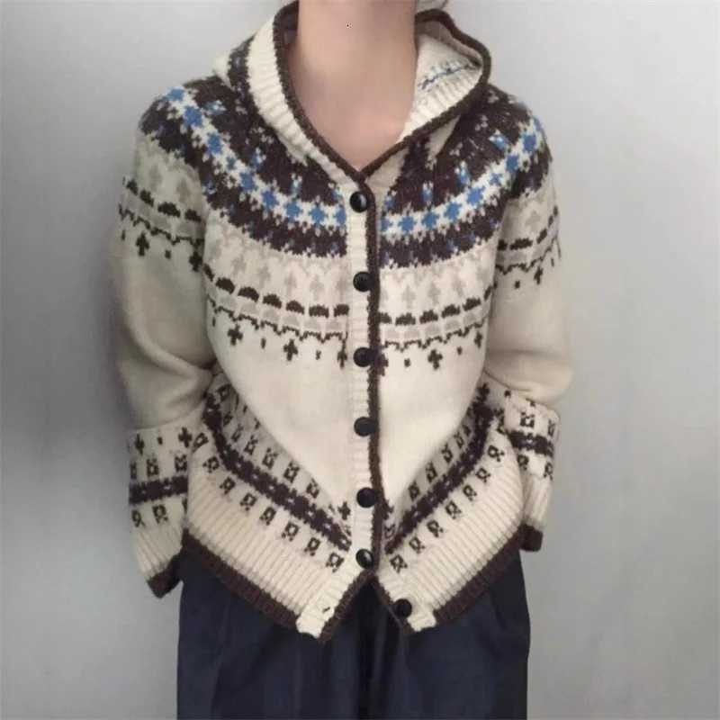 Autumn Winter Retro Jacquard Hooded Cardigan for Women Y2K Street Knitted Sweater Cardigan Fashion Warm Knitting Hoodies JacketT251101
