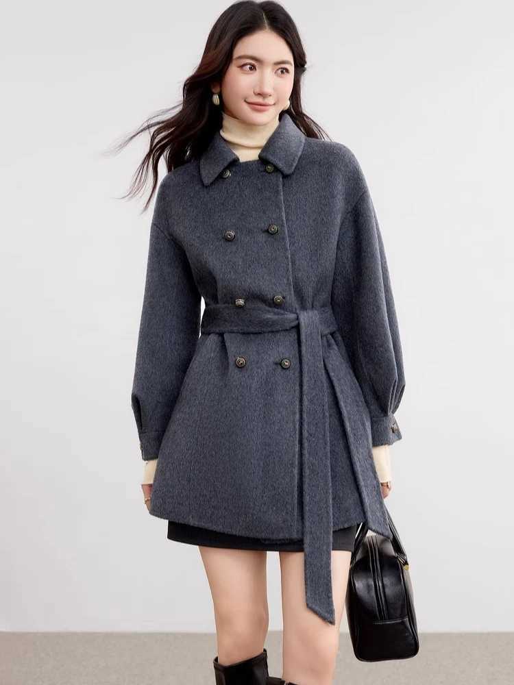 SENTUBILA MidLength Wool Coat for Woman 2025 Winter Solid Detachable Belt Jackets Doublesided Woolen Coats Elegant W54OG3688XT251101