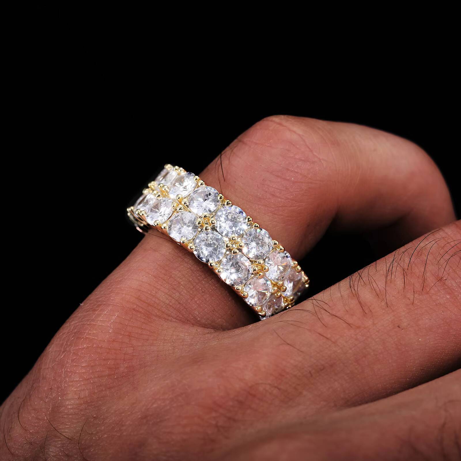 Fashion Hip Hop Jewelry Custom White Gold Plated Brass Paved 2 Rows 5A Zircon Engagement Bands Rings for Men