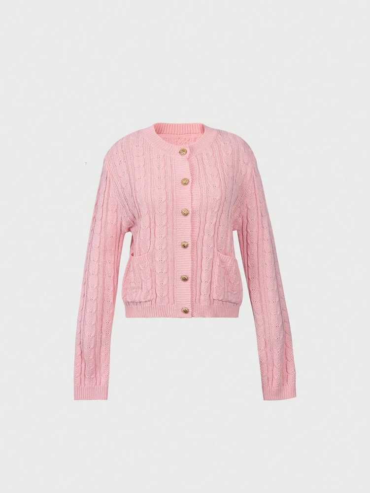 Versatile RoundNeck LongSleeved Elegant Cardigan Fashionable LooseFit ButtonFront Knitted Sweater Jacket for WomenT251101