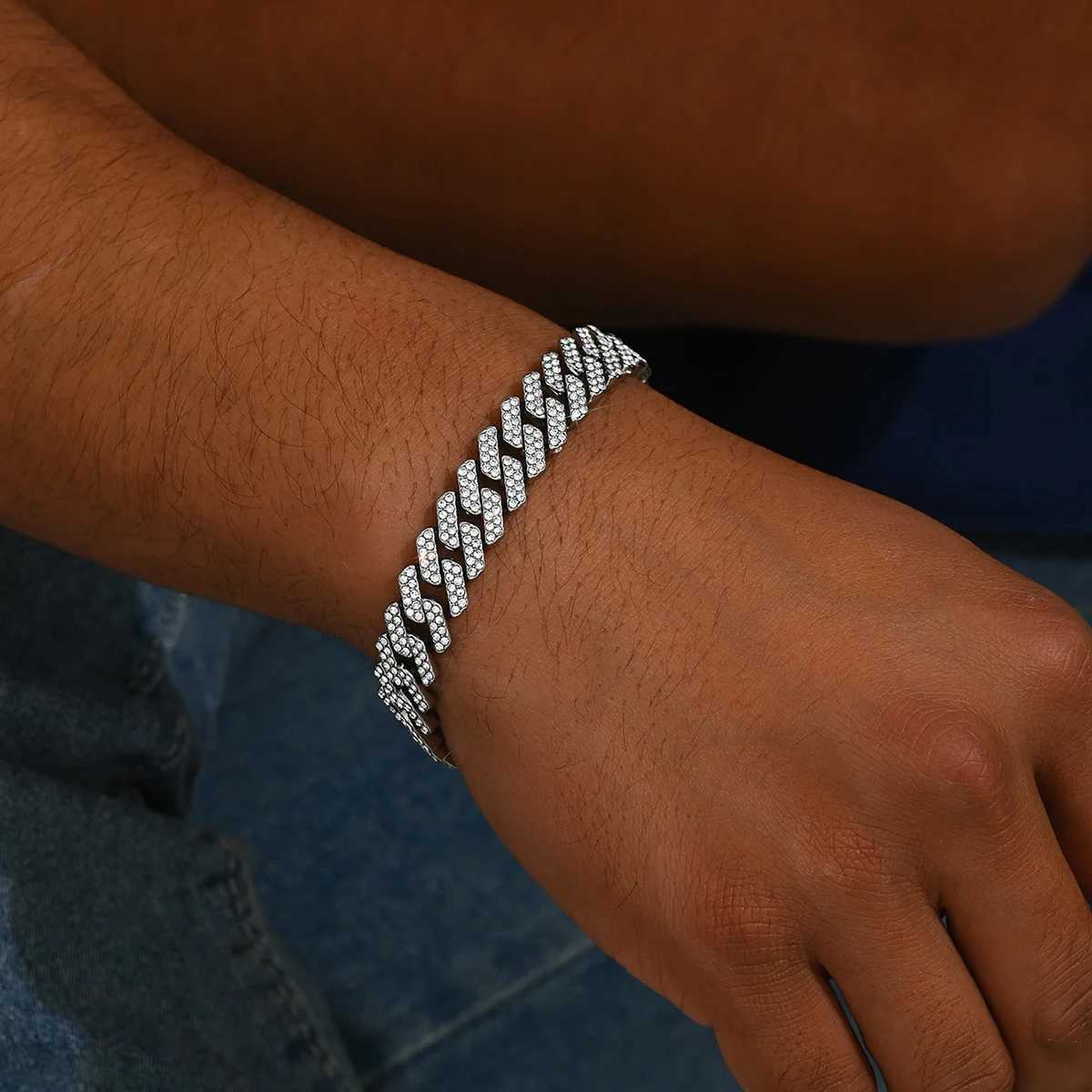 Hip Hop Cuban Bracelet Mens Full Gloss Crystal Stone Wide Two tone Bracelet Fashion Statement Jewelry Y250329