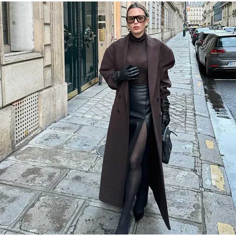 New Women Lapel Woolen Overcoats Elegant Woolen Doublebreasted with Pockets Long Sleeves Casual Coats Lady Street OuterwearT251101