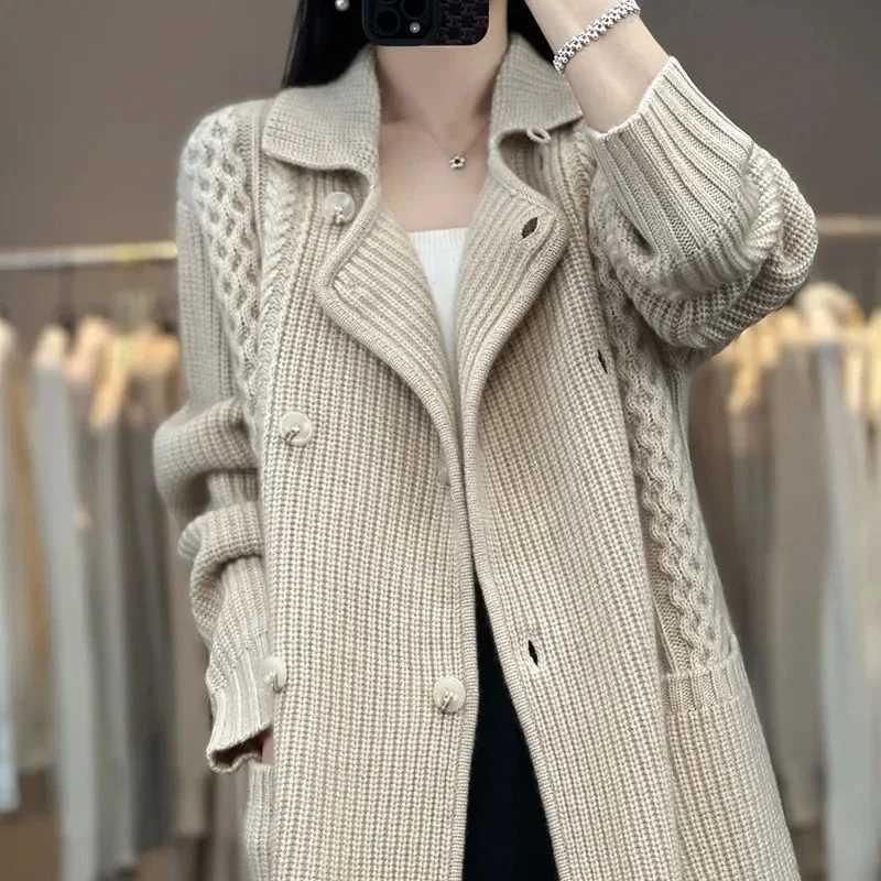 Medium Length Solid Sweater Cardigan Jacket Womens Korean Versatile Temperament Casual Lazy Style Thick Foreign Style OuterwearT251101