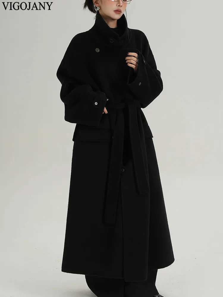 Winter Women Loose Nature 100 Wool Long Coat 2025 Casual Doublebreasted Cashmere Jacket Lady Black Long Sleeve Woolen CoatT251101