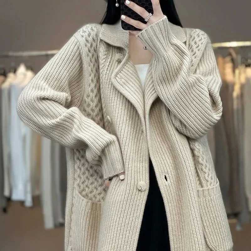 Medium Length Solid Sweater Cardigan Jacket Womens Korean Versatile Temperament Casual Lazy Style Thick Foreign Style OuterwearT251101