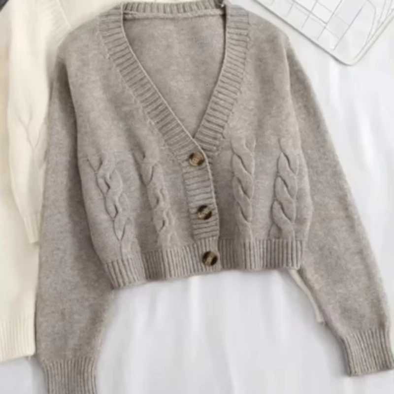 2025 New Women Sweaters V Neck Long Sleeve Short Cardigan Jumpers Knit Single Breasted Tops Slim Fit Solid Spliced ElegantT251101