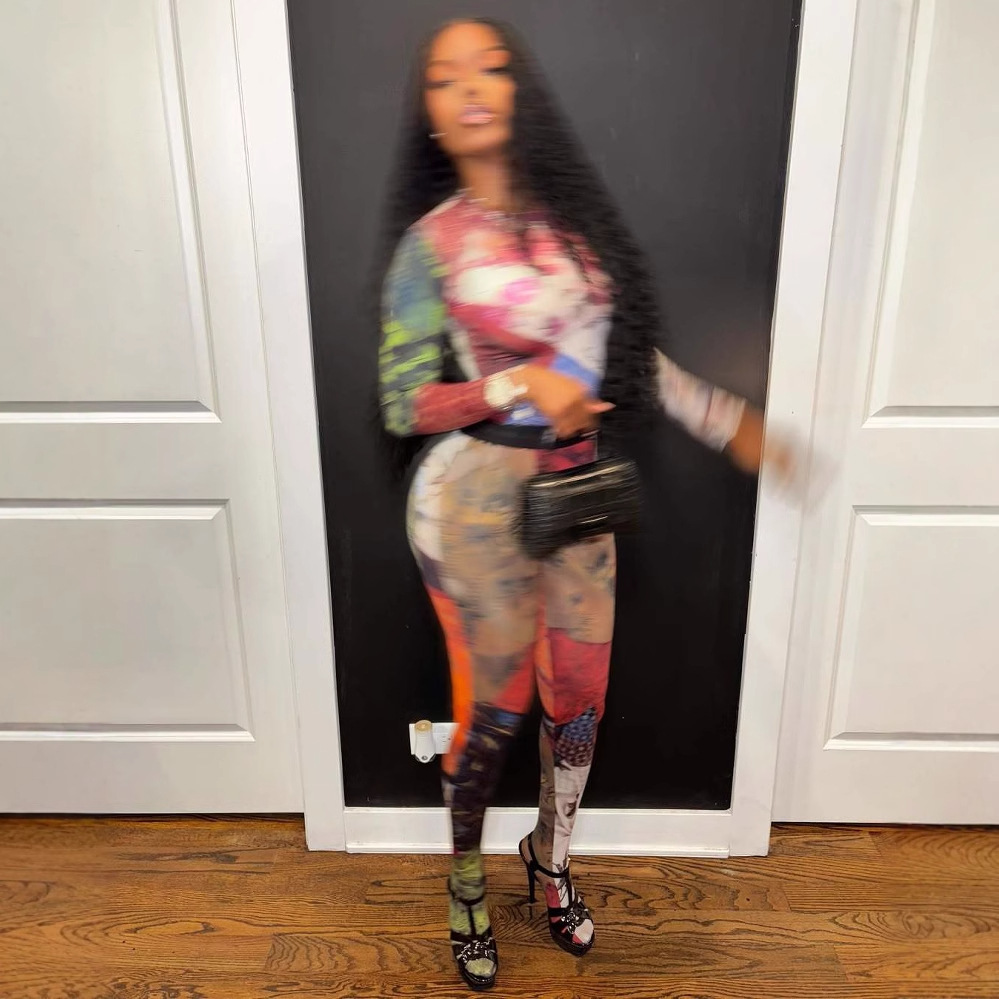 New Fashion Color Contrast Printed Trendy Stretch Pants Long Sleeve Round Neck Top Set For Women