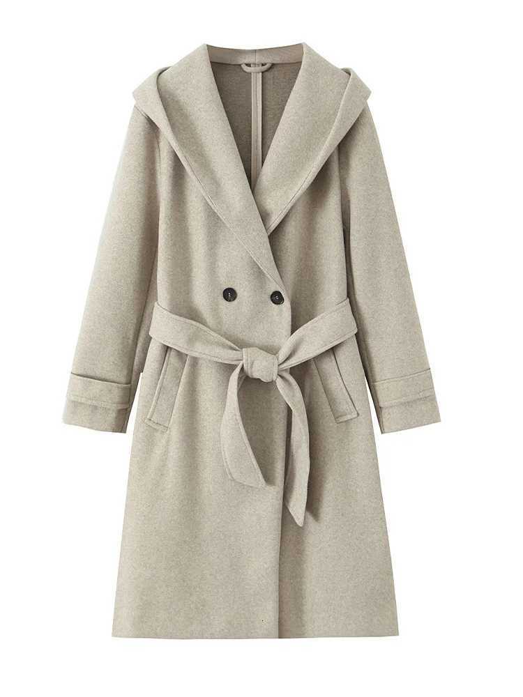 HH Women Fashion Pockets Belt Doublebreasted Hooded Long Coat Autumn Winter Female Temperament Long Sleeve Streetwear JacketT251101