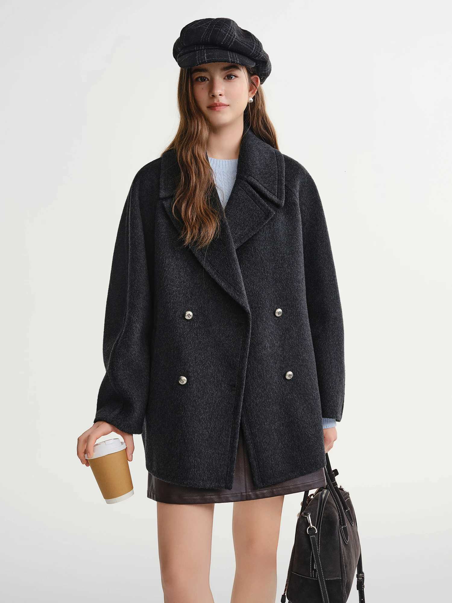 DUSHU Plus Size Womens Wool Tweed Coat 2025 Winter New Arrival Icelandic Encounter Collection Short Coat 100 Wool JacketsT251101