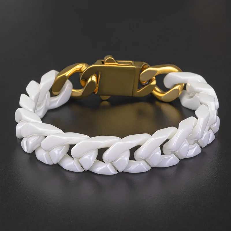 Simple stainless steel ceramic Cuban bracelet with male and female same patch work four sided grinding titanium steel accessories Y250329