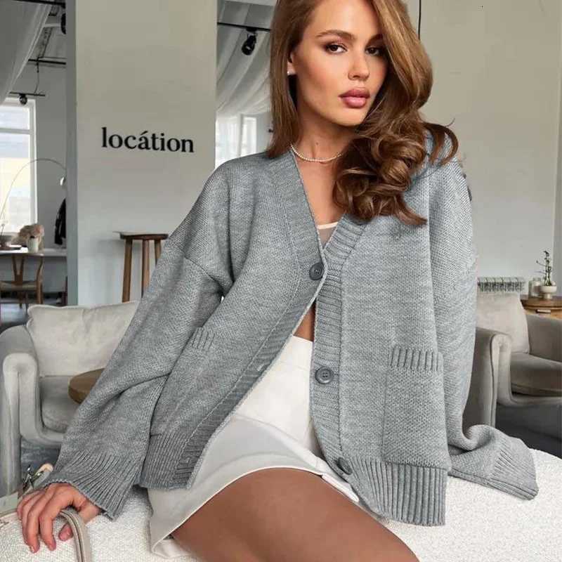 Yellow Knit Single Breasted Cardigan for Women Spring Autumn Loose VNeck Sweater Coat Woman Warm Pockets Long Sleeve CardigansT251101