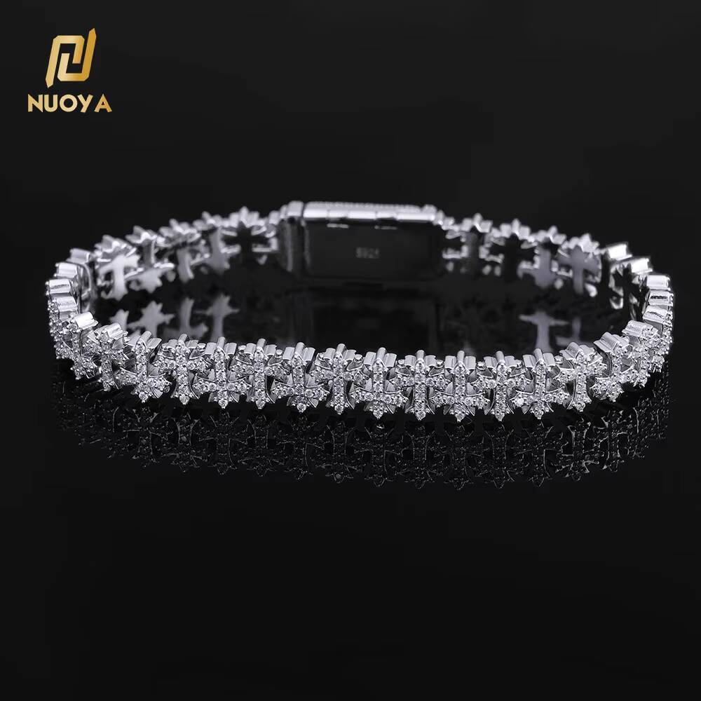 NUOYA 8MM Cross Cuban Chain VVS Moissanite Hip Hop Bracelet 925 Silver for Men and Women Cross Cuban Bracelet for Men and Women