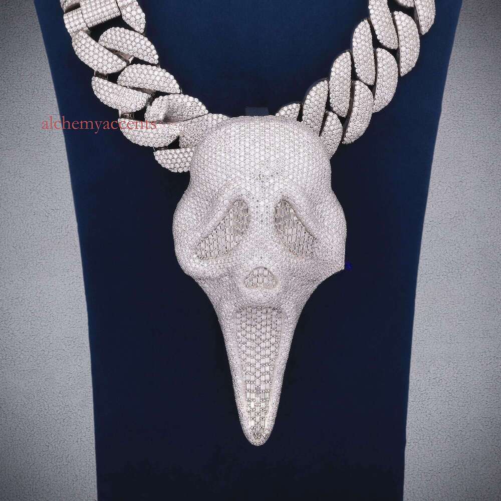 Moissanite Ghost Face Pendant Cuban Chain Iced Out Hip Hop Necklace in 925 Silver Custom Bling Jewelry for Men