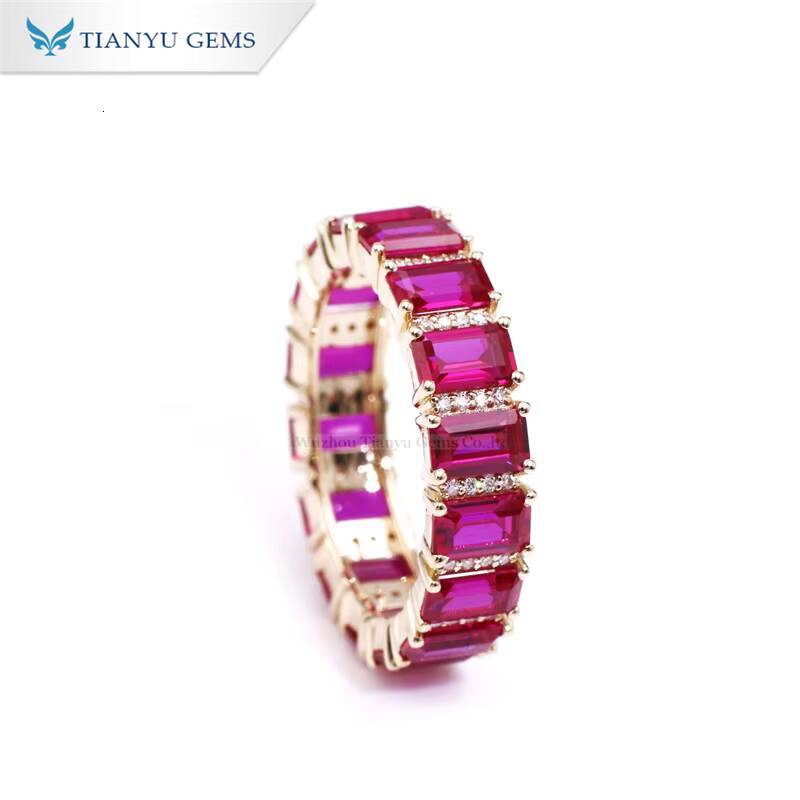 Tianyu Full Eternity Ruby Gemstone Wedding Band 3x5mm Emerald Cut Corundum Moissanite Diamond Engagement Bridal Rings