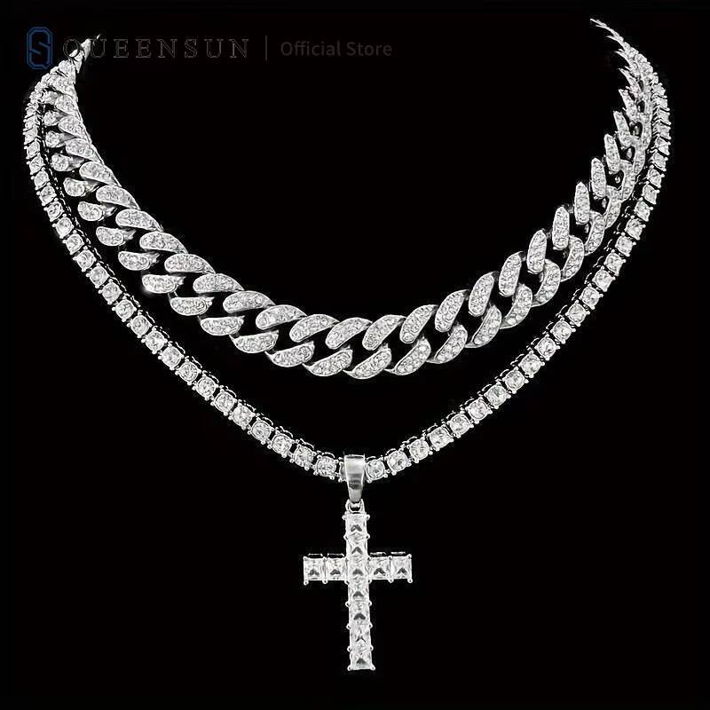 Queensun Mens Hip Hop Cuban Chain Pendant Necklace All Ice VVS Moissanite Cultivated Diamond Letter Pattern Hip Hop Jewelry
