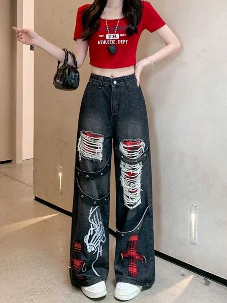 American Retro Heavy Industry Hollow Hole Jeans Women Street Design Loose Straight Wideleg Pants High Waist Slim Mopping Jeans J251031