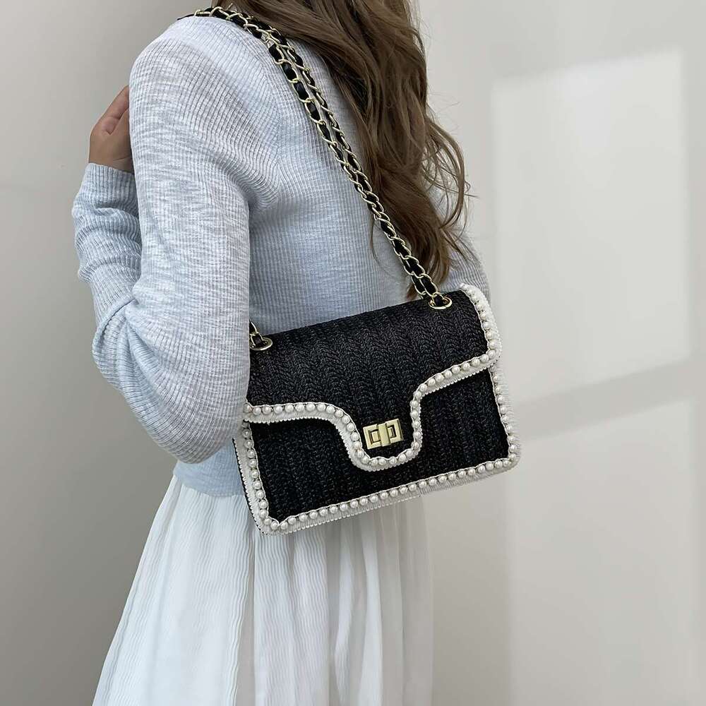 Women'S Chic Woven Straw Shoulder Bag with Pearl Accents, Fashionable Chain Crossbody Purse, Versatile Solid Color, Leather ed, Turn-lock Closure