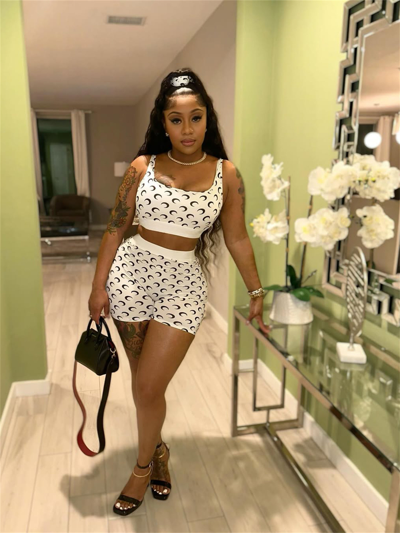 Fashion Trend Moon Print Design Elastic Tight Sexy Strap Top Short Set