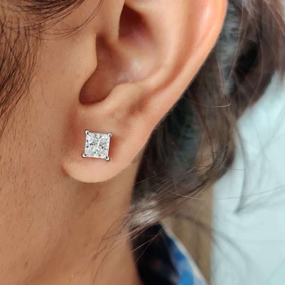 2Carat Princess Cut Moissanite Earrings with Gra Certificates Sterg Sie Square Lab Dia Stud Earring for Women Men