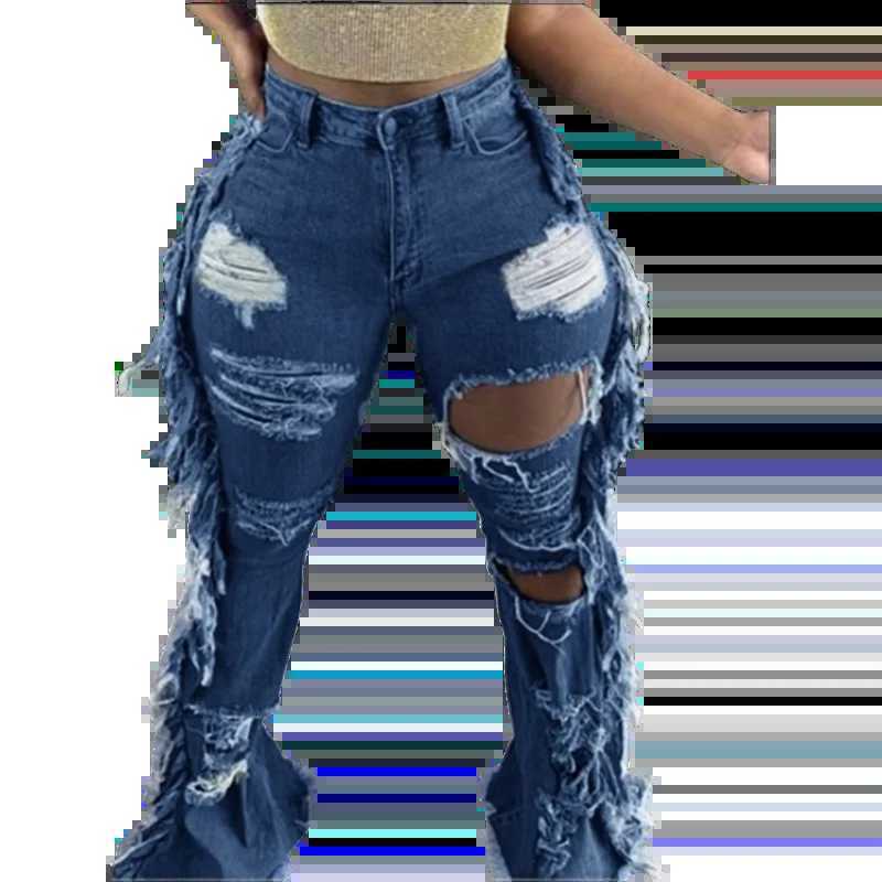 Blue Pocket Ripped Pants Womens Jeans Street Hiphop Sexy Trousers Fashion Autumn Bell Bottom Pants J251031