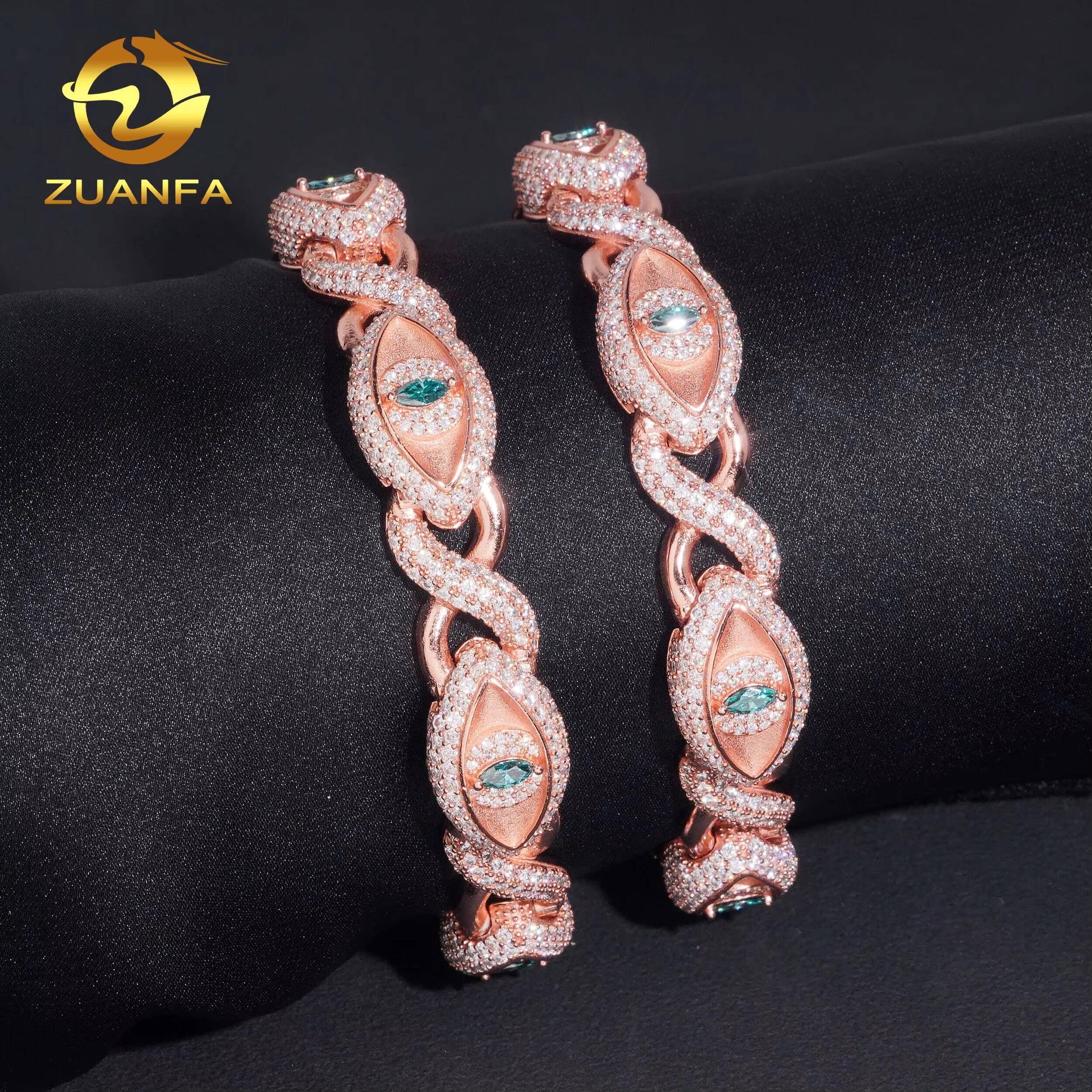 Hip Hop Jewelry 12mm Eyes Shape VVS Moissanite Cuban Link Bracelet 925 Silver Moissanite Iced Out Bracelet for Men