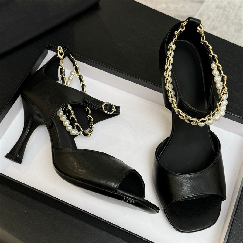 (Order by pic in opt, not by desc) Women's Pearl Chain Accent High-Heel Sandals - Strappy Faux Leather Open-Toe Shoes, Stylish for Summer Parties, Dates & Daily Wear