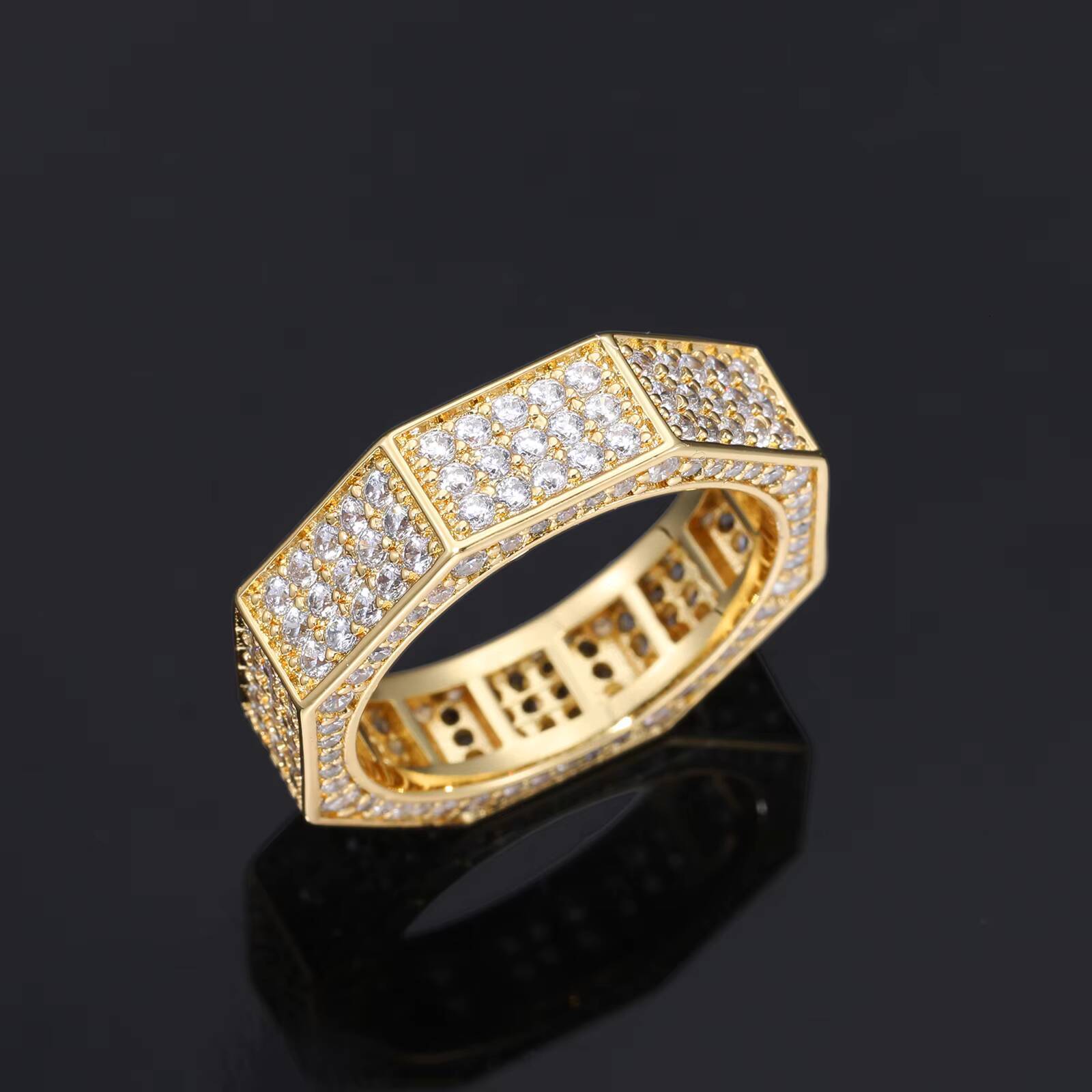 Wholesale Classic Hip Hop Style Jewelry White Gold Brass Prong Setting Full 5A Zircon Diamond Octagonal Geometric Ring for Men