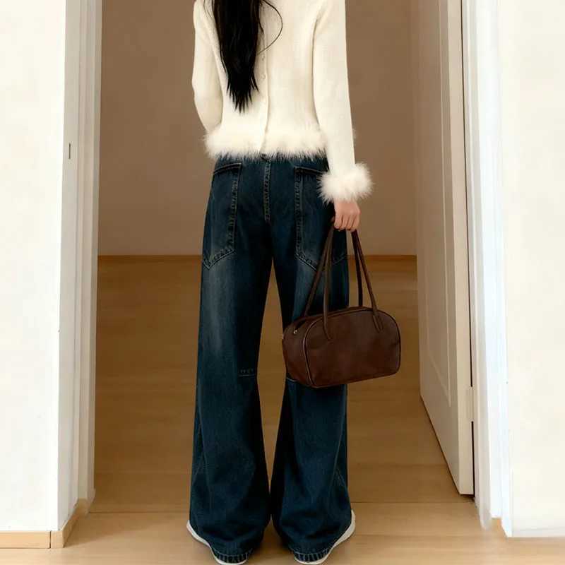 Autumn 2025 High Waist Slim Tapered Wide Leg Jeans Y2K Vintage Blue Denim Pants Dongdaemun Curved Hem for Women J251031