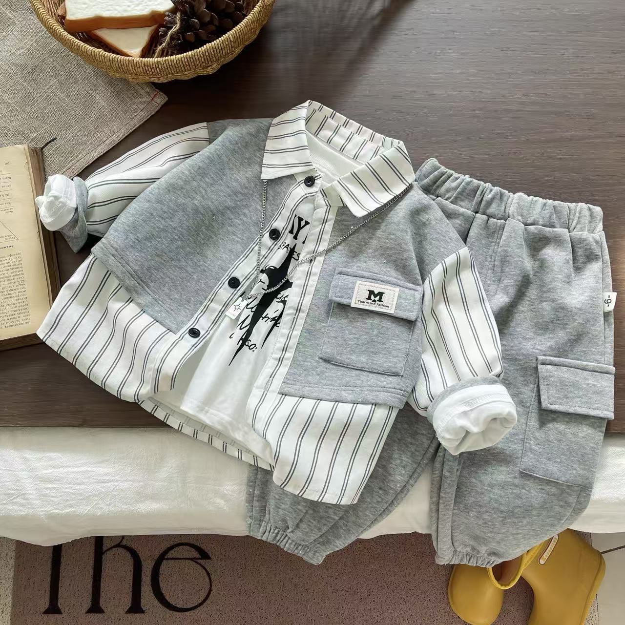 2025 Boys 3-Piece Set Korean Style Outfit with Mock Vest Shirt & Pants Trendy Autumn Clothes for Kids