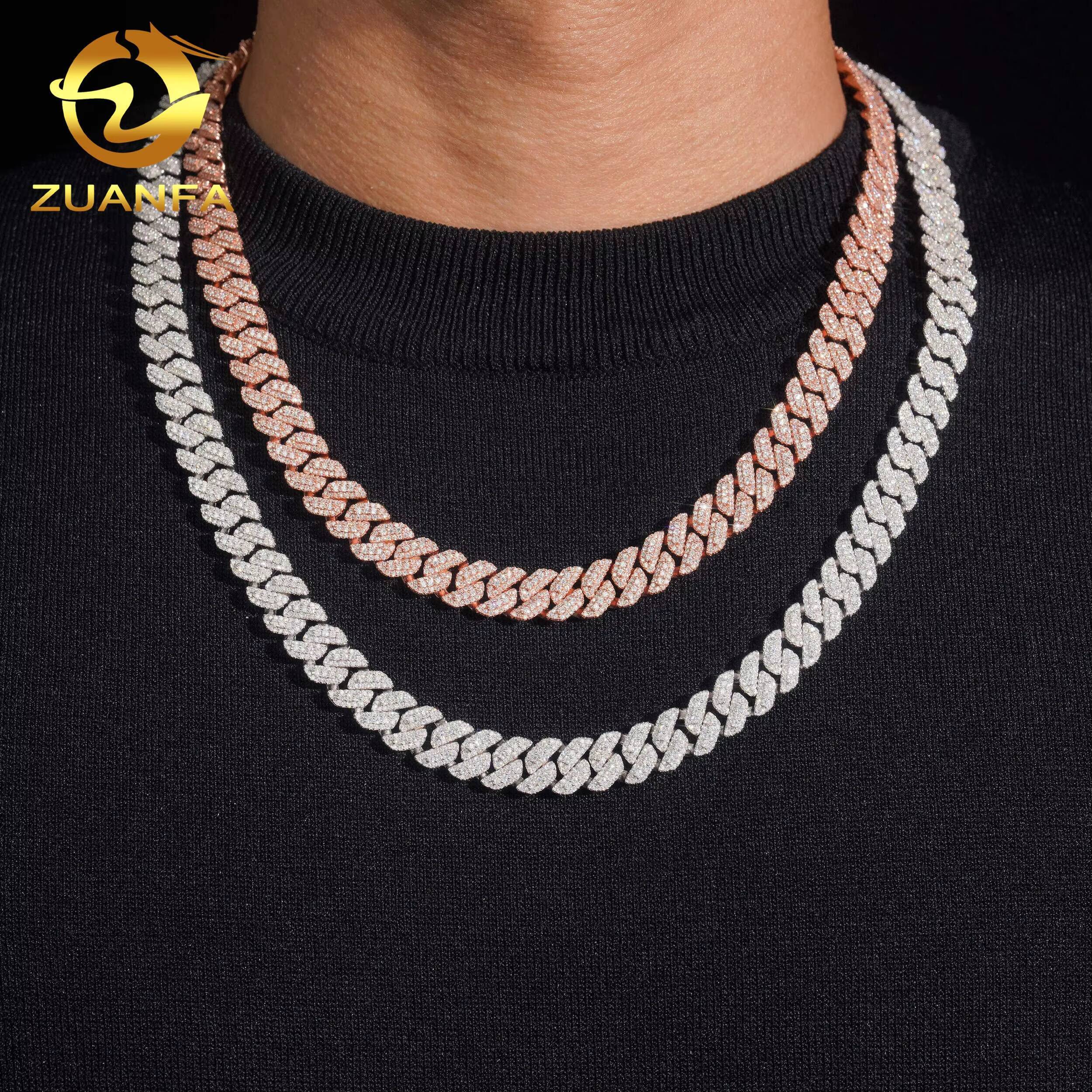 Source Factory 10mm Moissanite Chain Cuban Links Prong Chain Pass Diamond Tester 925 Silver Cuban Link Chain Necklace 2 Tone