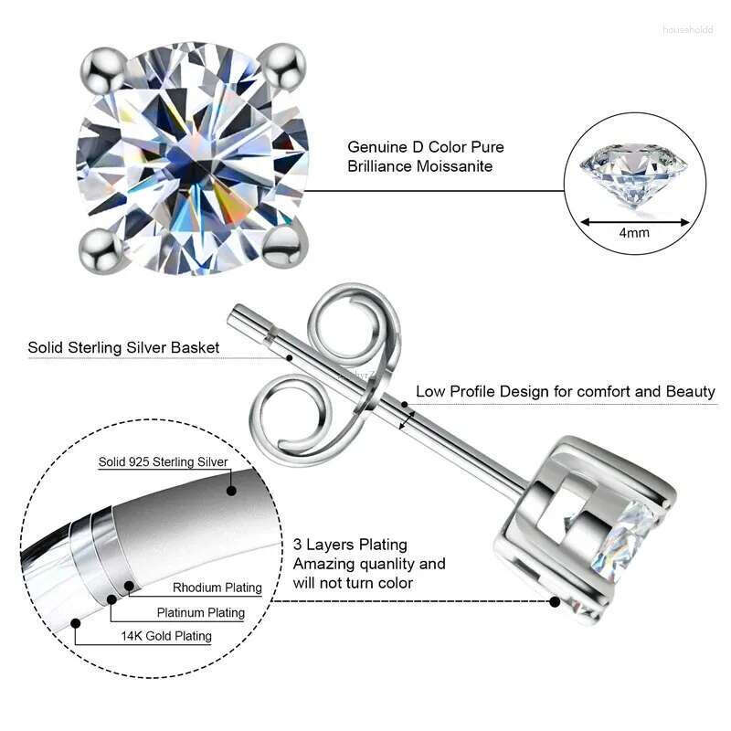 Stud Earrings Anziw Sparkle Real Moissanite Black Dia Sier Gold Ear Piercing Jewelry For Women Men Gifts 3mm/4mm/5mm