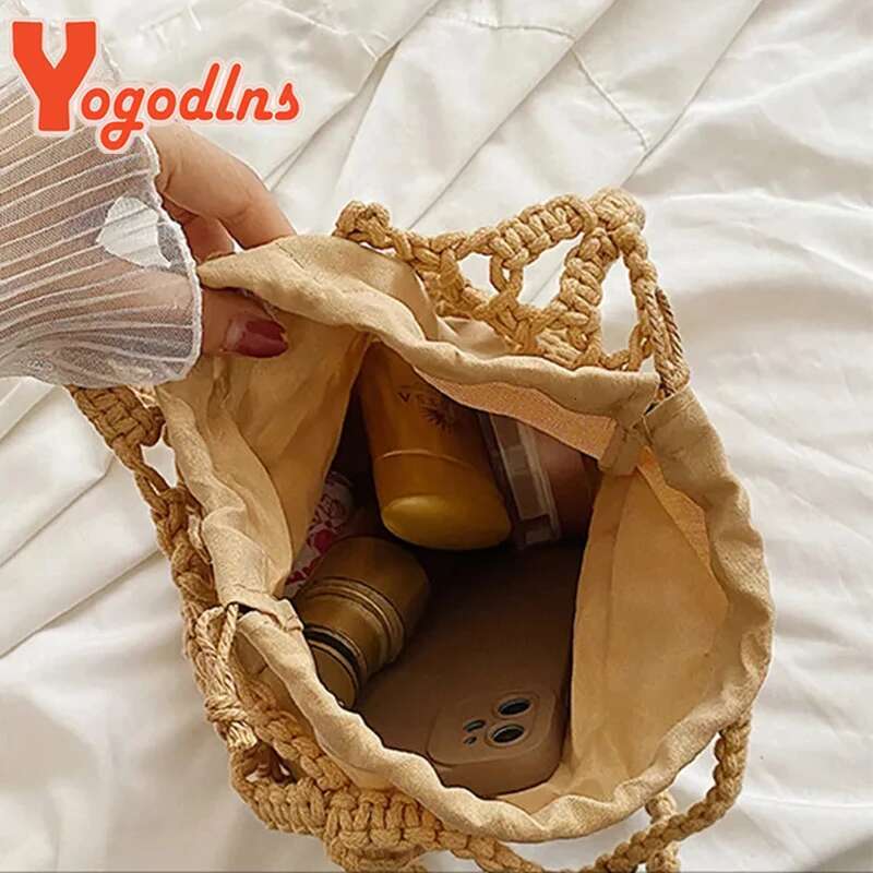 Drawstring Women's Bucket Summer Woven Shoulder Bags Purse Beach Handbag Straw Handbags Casual Crossbody Bag