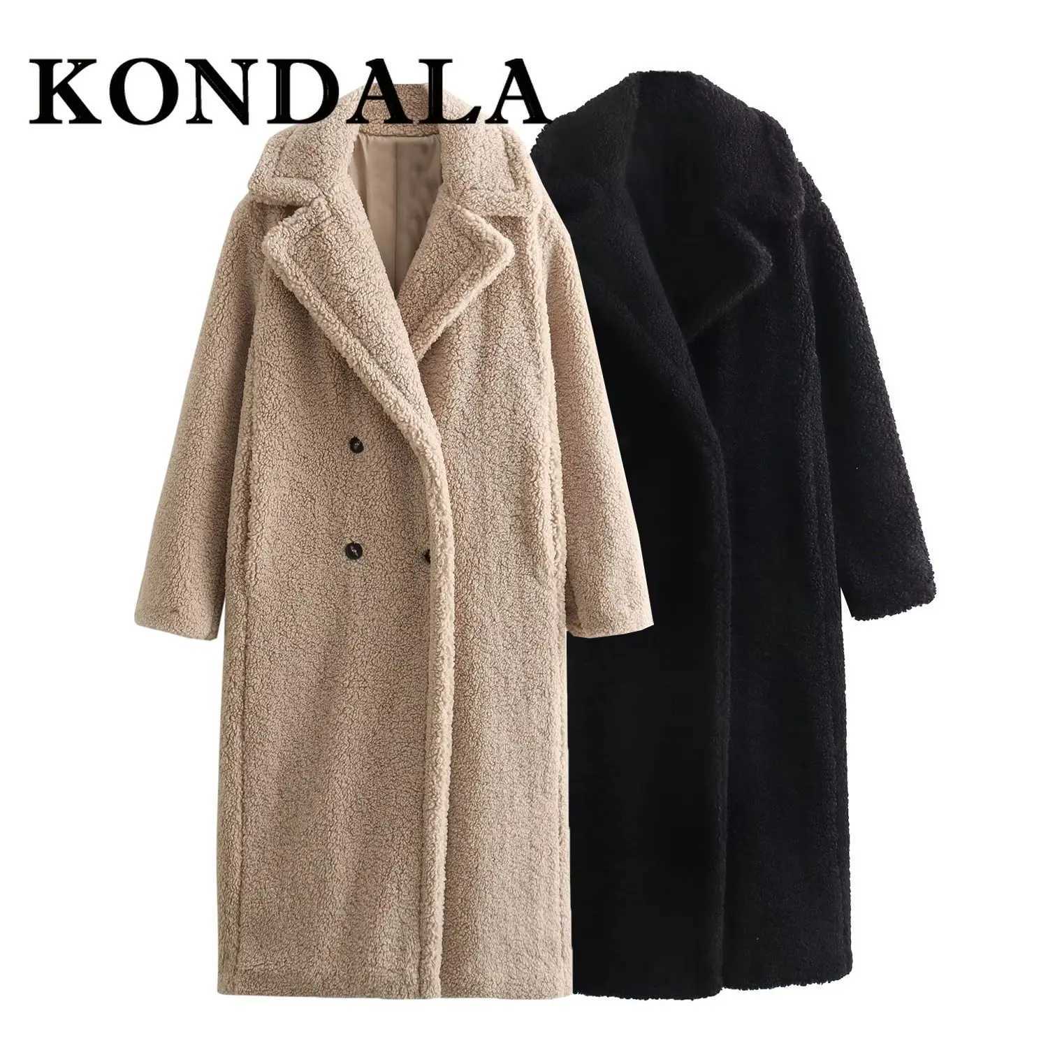 KONDALA 2025 Winter Women Casual Solid Coat Double Breasted Fleece Coat Loose Fit Long Coat Women Vintage Oversized Long JacketT251101