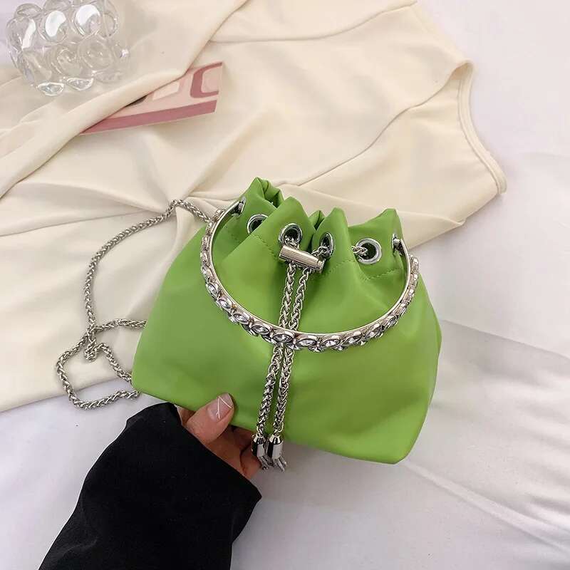 Trendy Korean Small Bucket Fine Crystal Inlay Handle Handbags For Women Chain Shoulder Bag Fashion Pink White Green Clutches